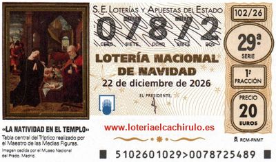 Anverso del d&eacute;cimo 07872 de la Loter&iacute;a de Navidad 2026, de Cuenca